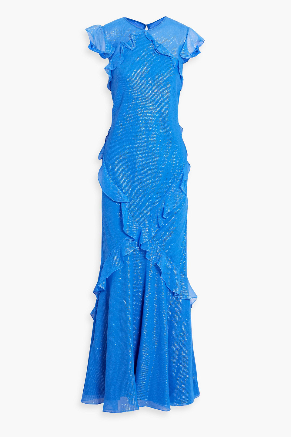 Saloni Tamara Ruffled Metallic Striped Chiffon Maxi Dress In Azure