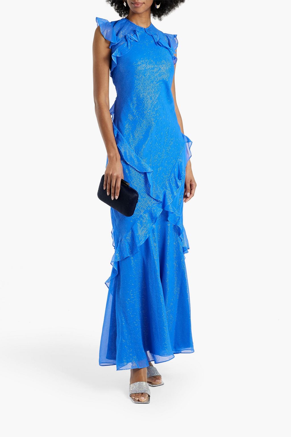 SALONI Tamara ruffled metallic striped silk-blend chiffon maxi dress