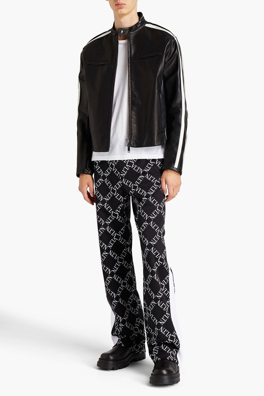 VALENTINO Paneled leather and scuba bomber jacket