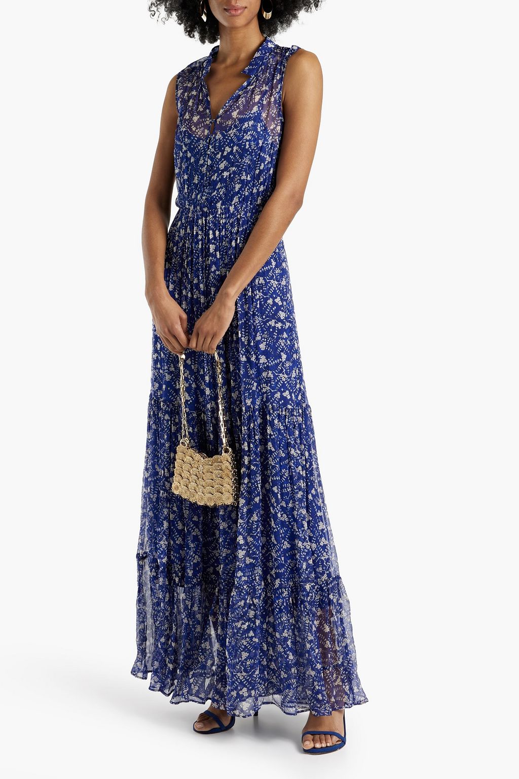 SALONI Alexia gathered printed crepon maxi dress