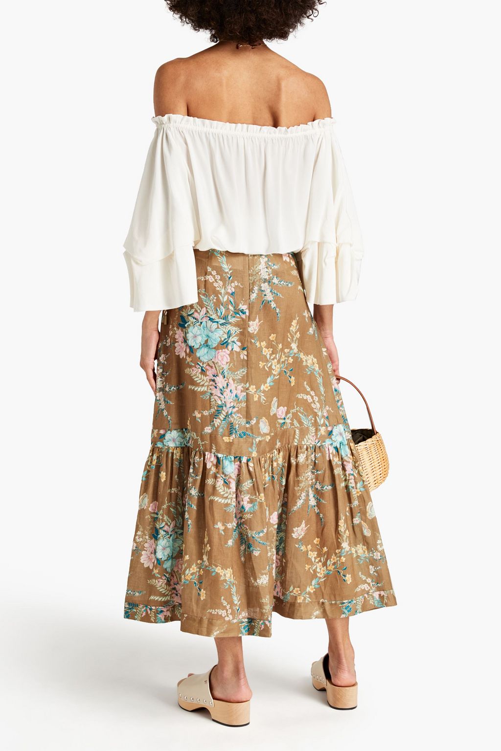 ZIMMERMANN Gathered printed linen midi skirt