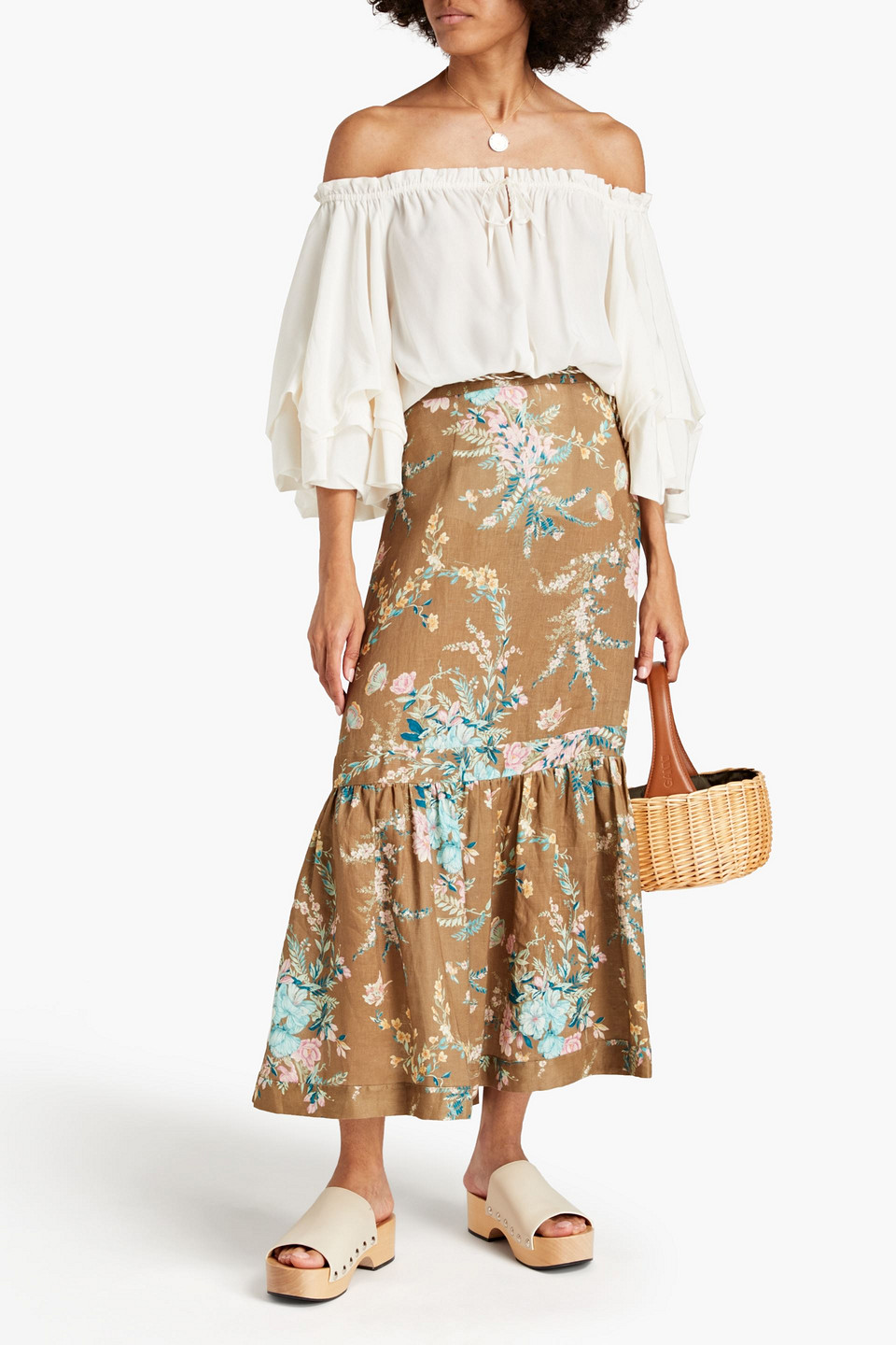 Zimmermann Gathered Printed Linen Midi Skirt In Light Brown
