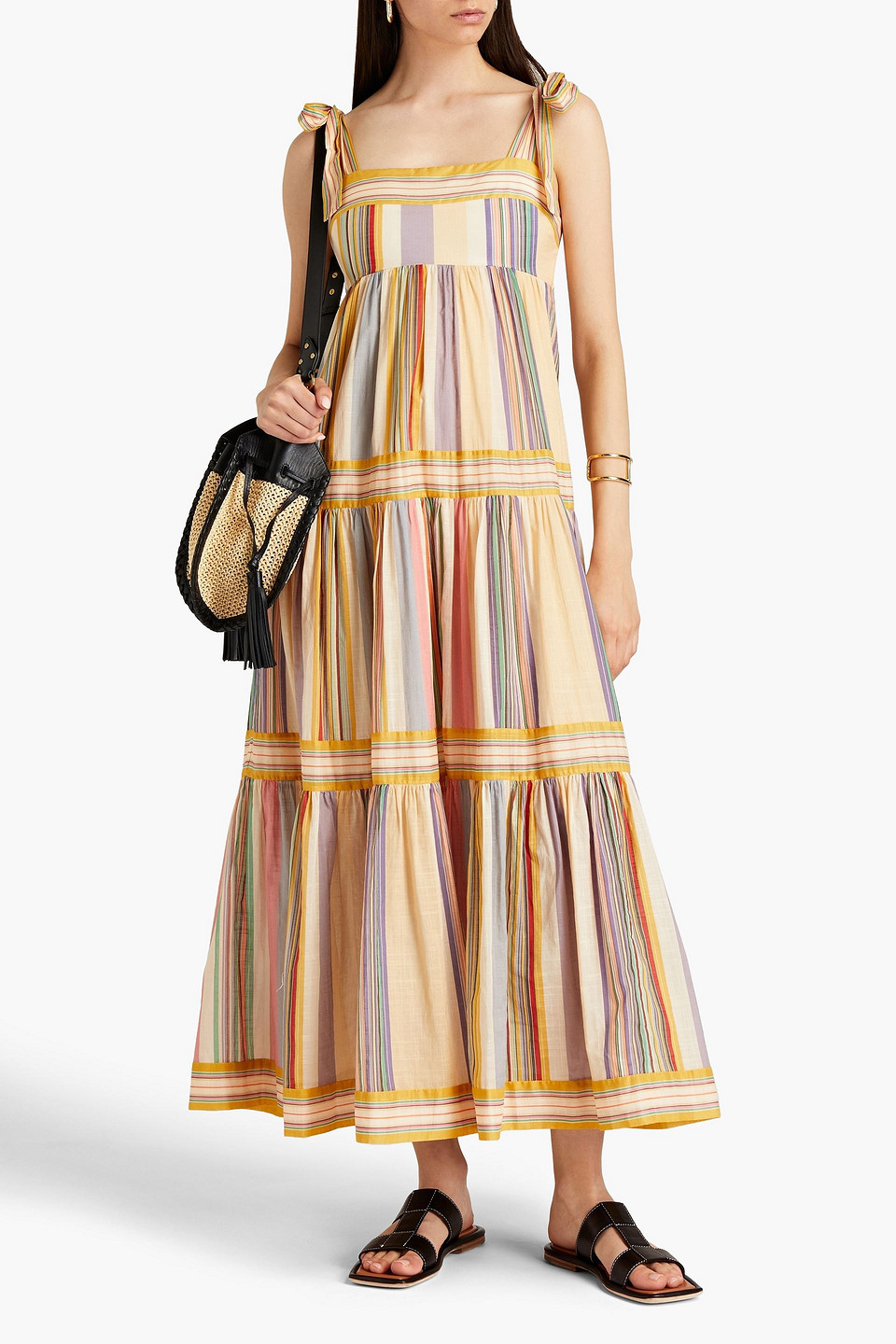 Zimmermann Bow-trimmed Tiered Cotton Midi Dress In Mustard