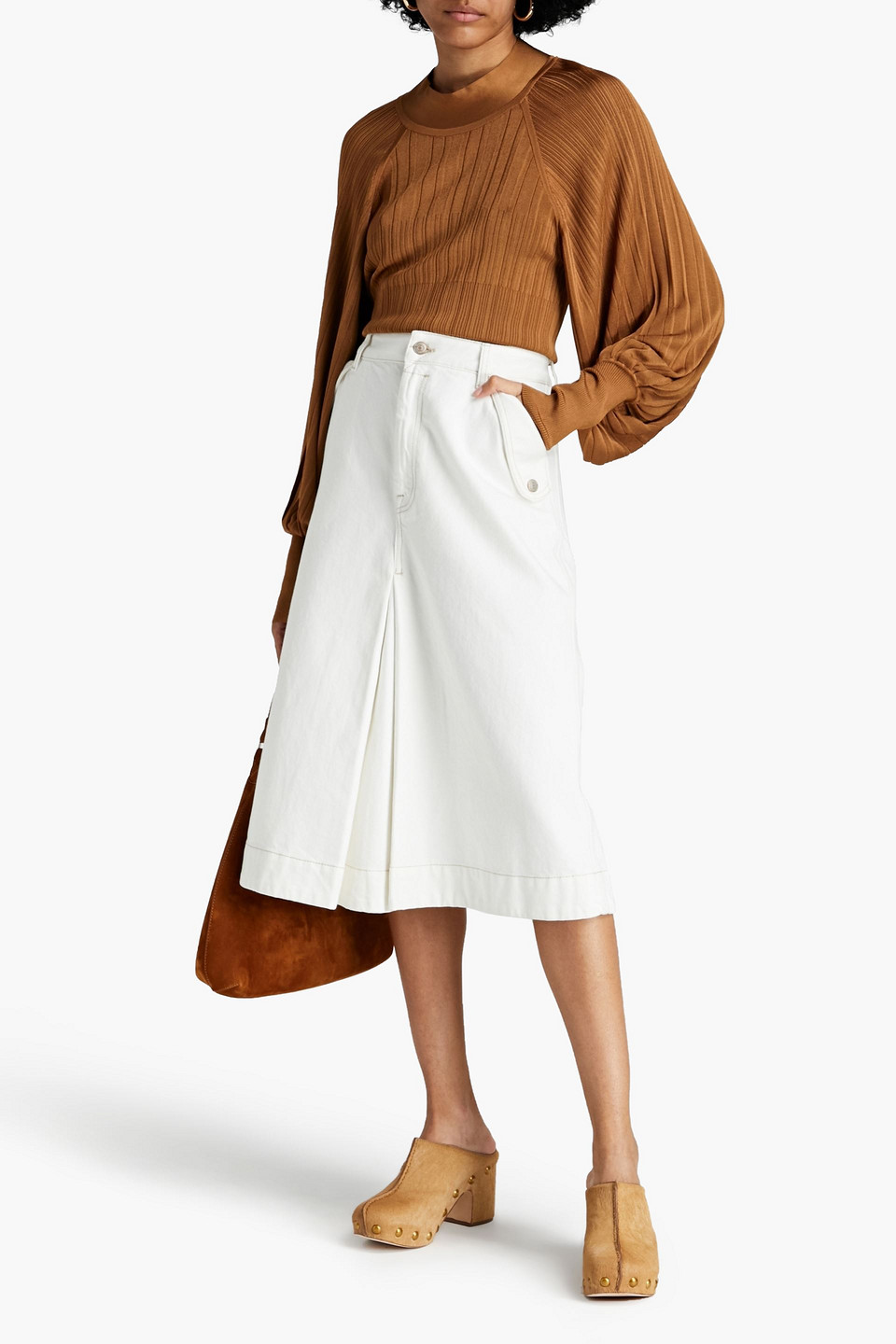 Zimmermann Pleated Denim Midi Skirt In White