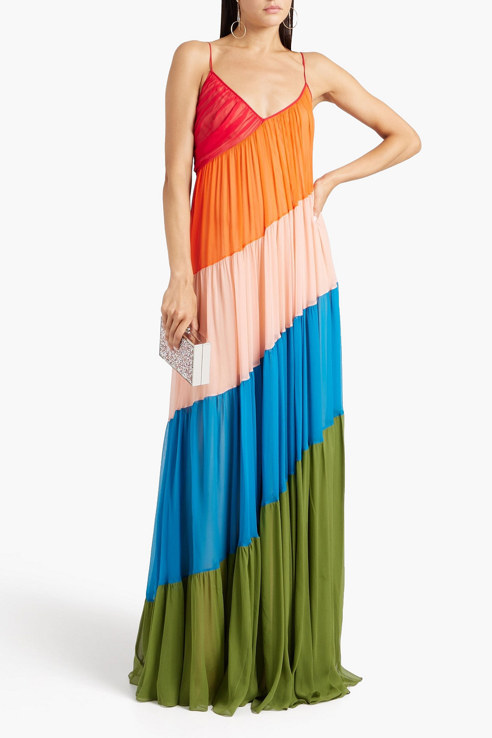 Carolina Herrera Diagonal Tiered-colorblock Gown In Army Green