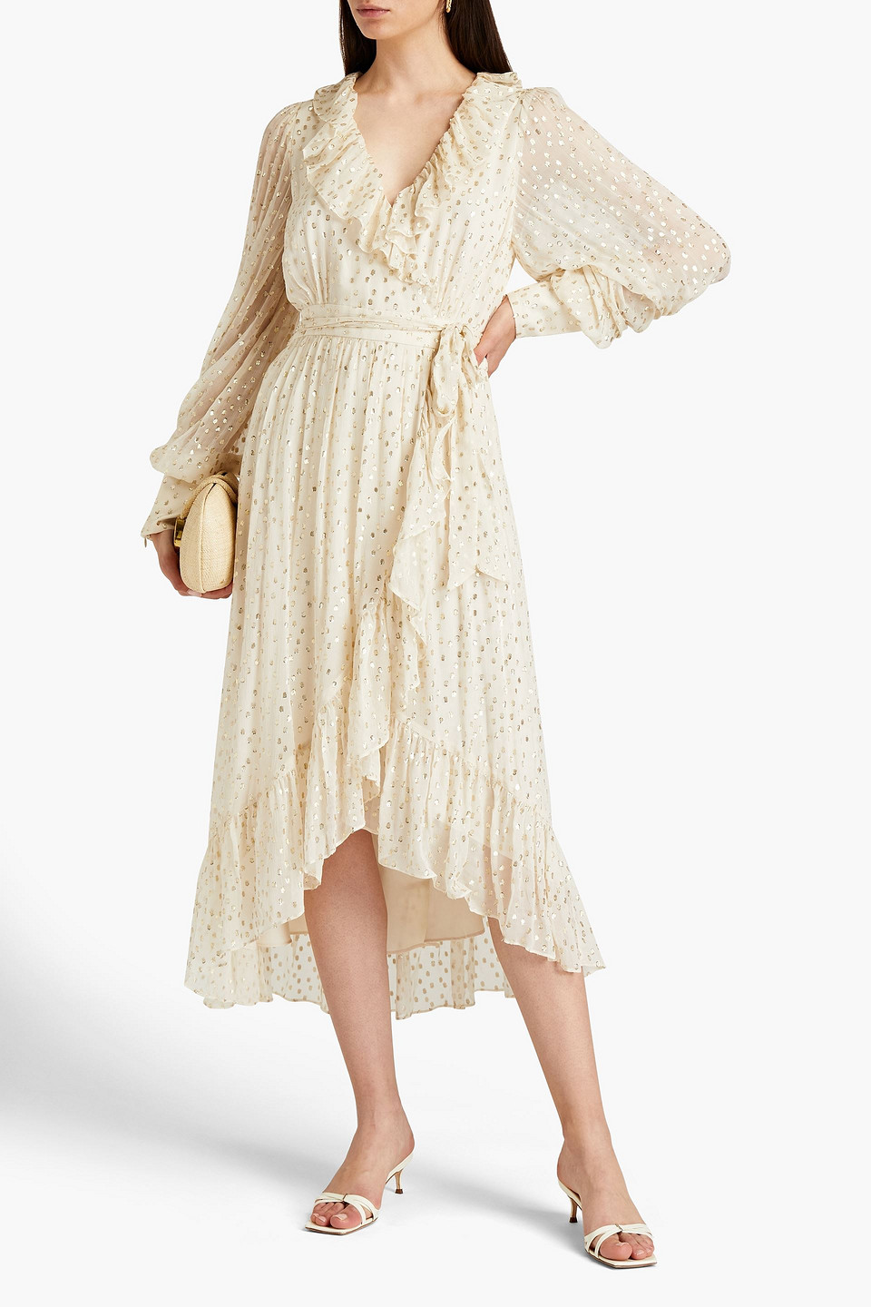 Zimmermann Gathered Metallic Fil Coupé Midi Wrap Dress