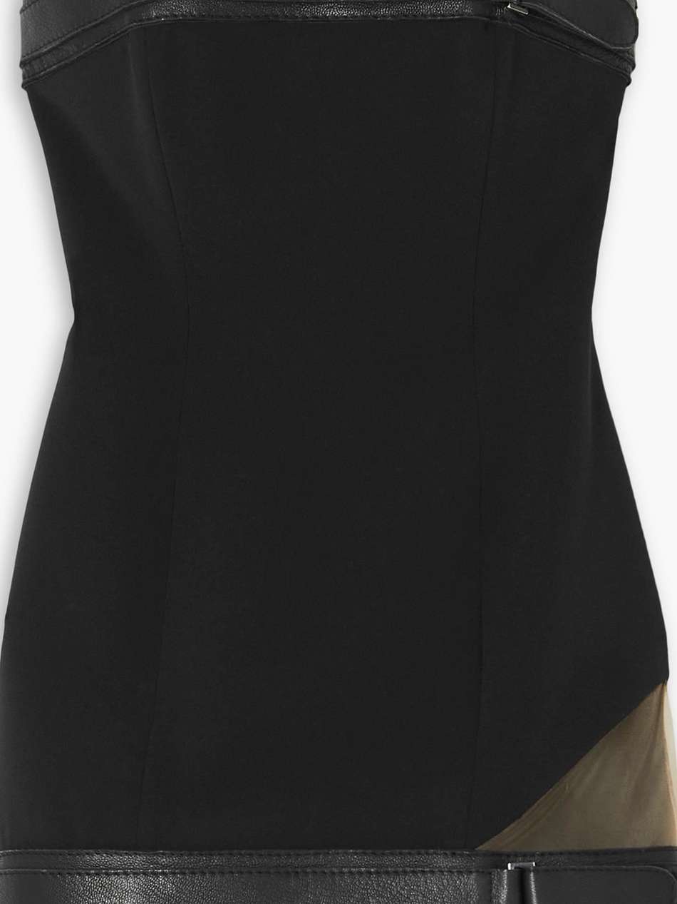 leather-embellished cutout crepe mini dress
