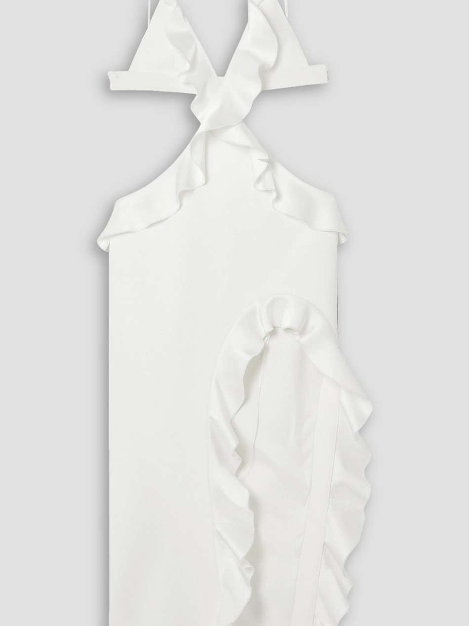 cutout ruffled satin-trimmed crepe midi dress