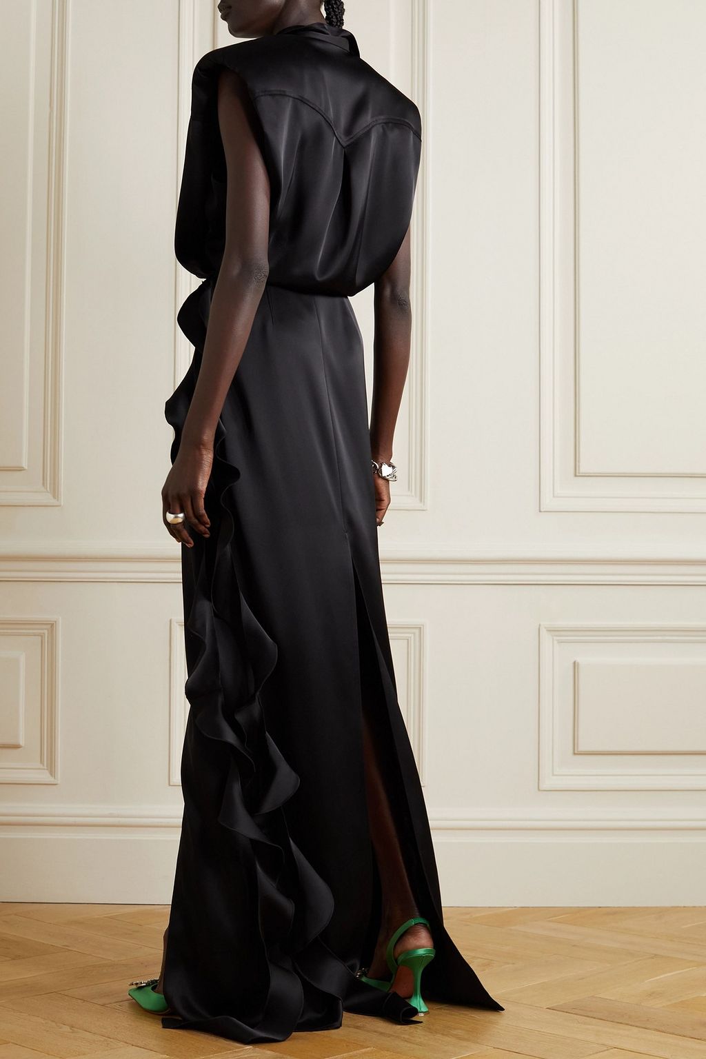 DAVID KOMA Ruffled satin wrap gown