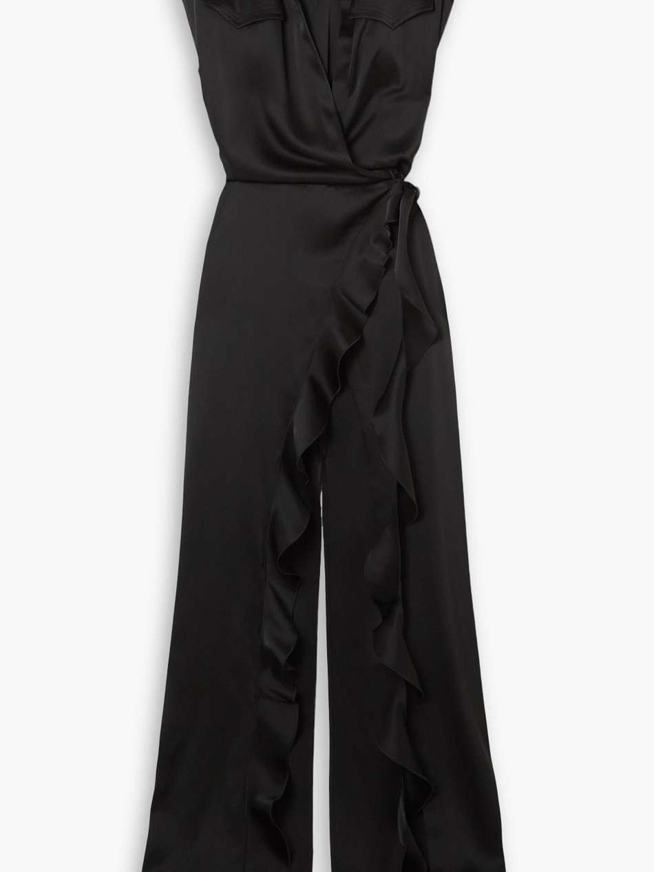 ruffled satin wrap gown