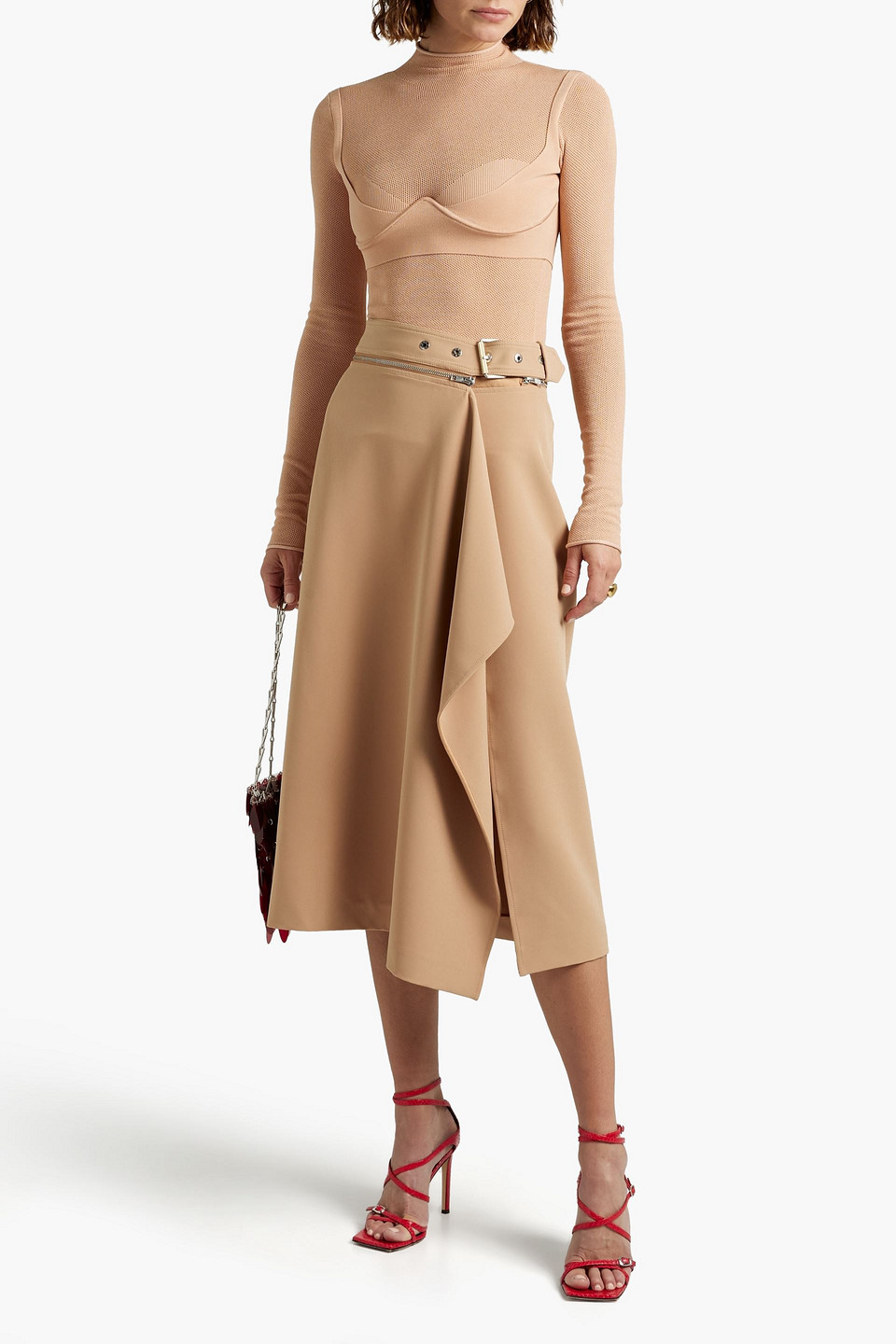 Dion Lee Zip-detailed Draped Crepe Midi Skirt In Sand