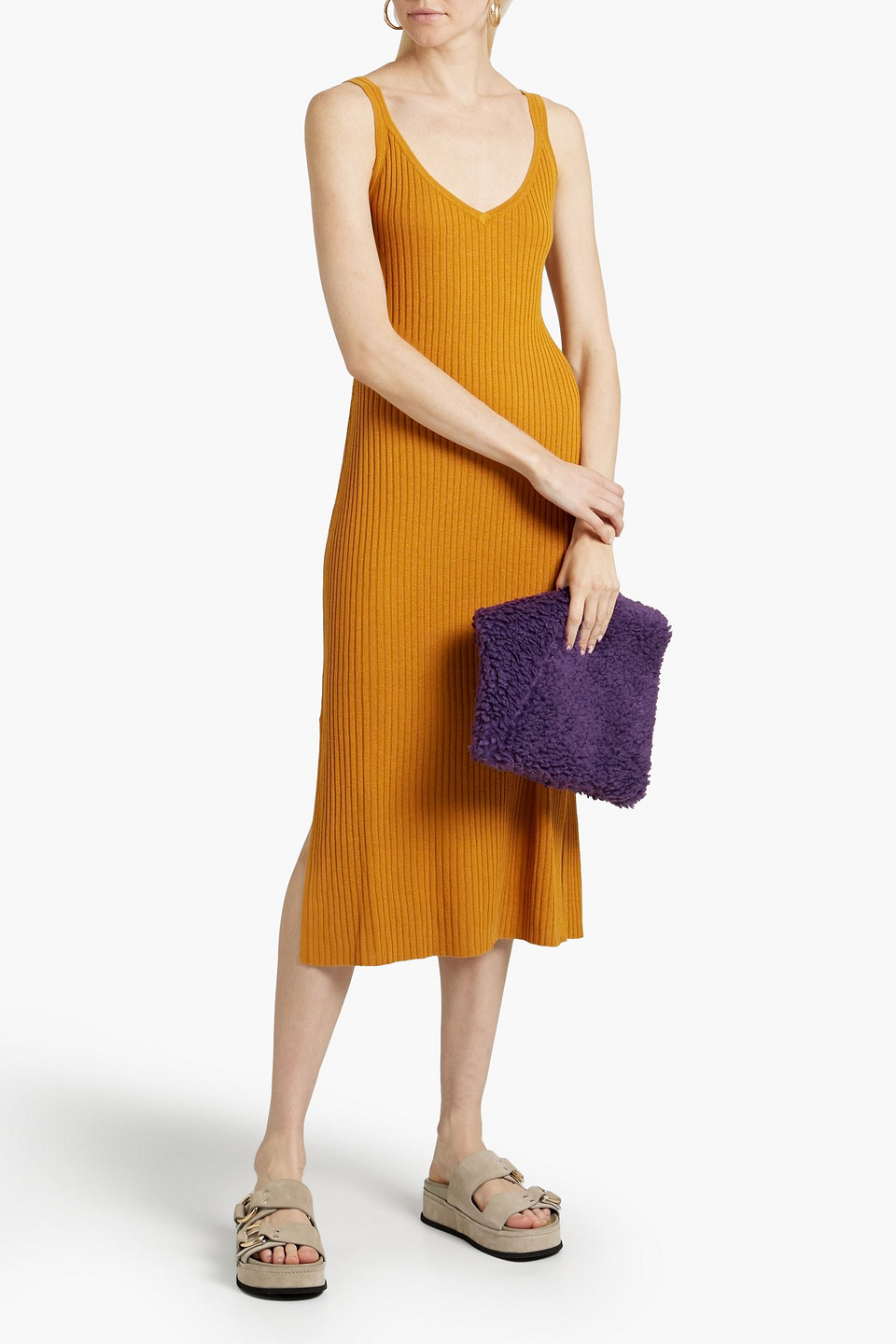 Naadam Ribbed Silk And Cashmere-blend Midi Dress In Marigold