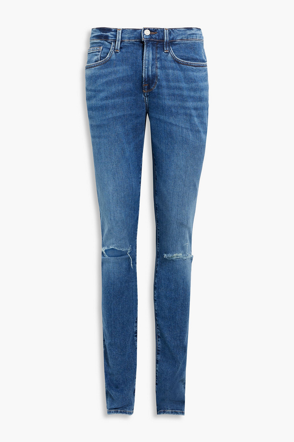 Frame Slim-fit Distressed Faded Denim Jeans In Mid Denim