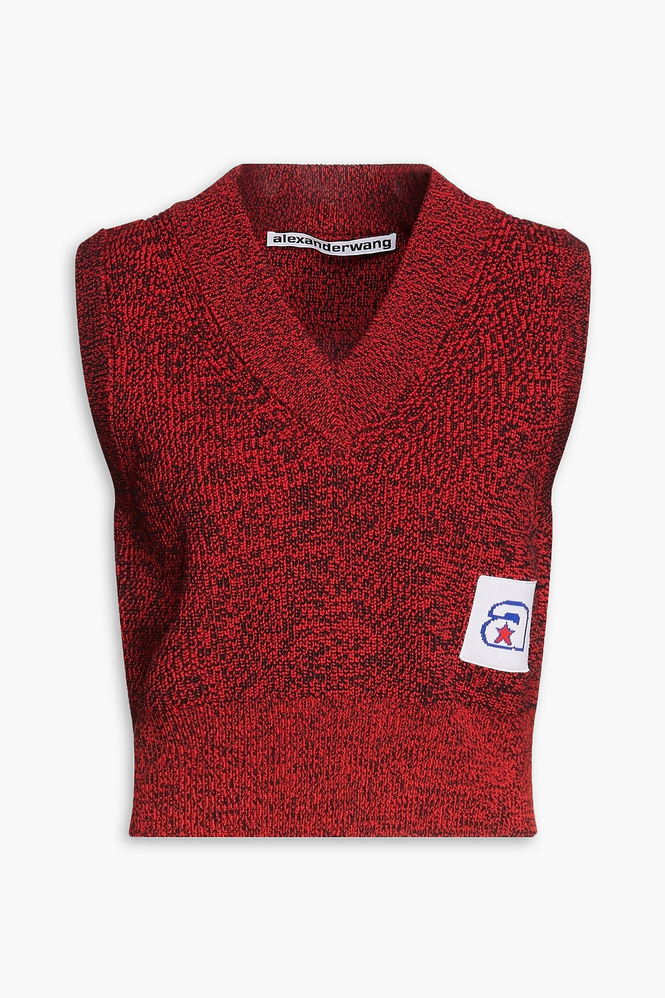 Alexander Wang Cropped Appliquéd Marled Knitted Waistcoat In Brown
