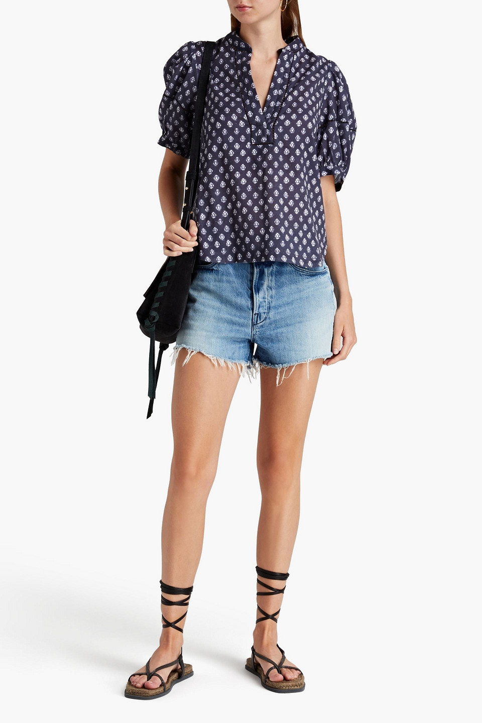 Joie Clareley Printed Cotton And Linen-blend Blouse In Midnight Blue