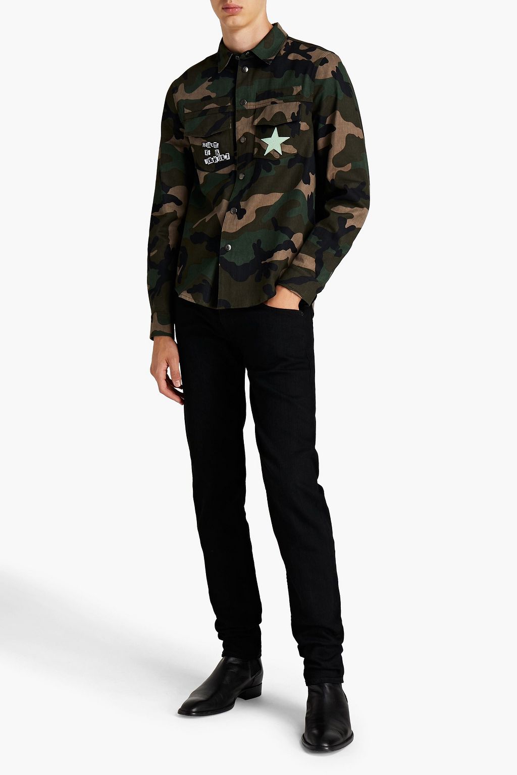VALENTINO Appliquéd camouflage-print cotton-twill shirt