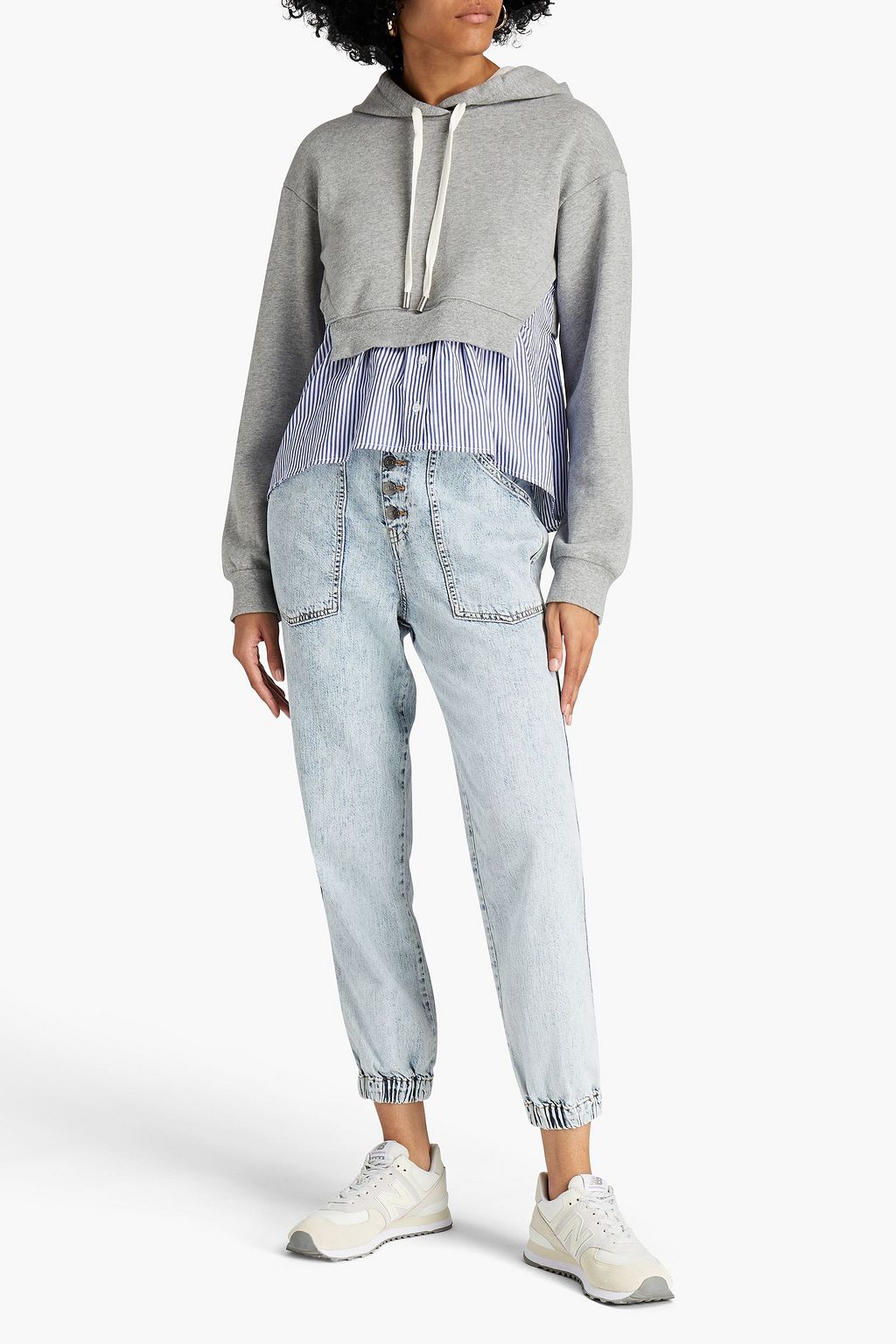 VERONICA BEARD Striped cotton-poplin paneled French cotton-terry hoodie