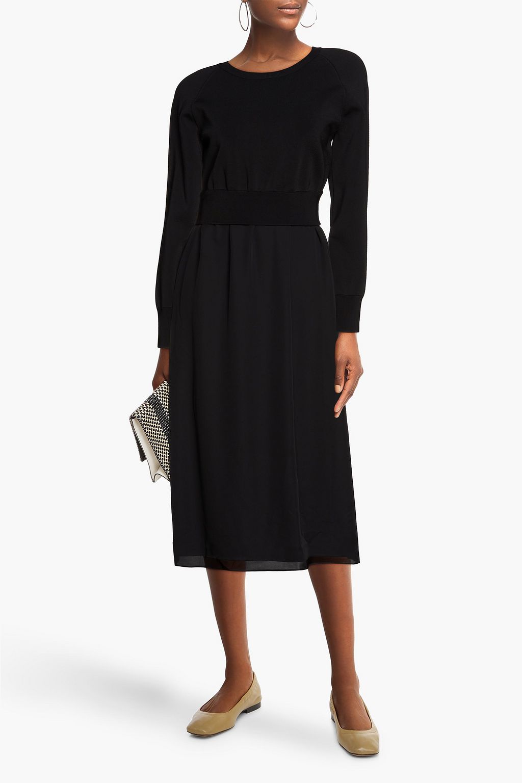 THEORY Paneled silk-crepe and knitted midi dress