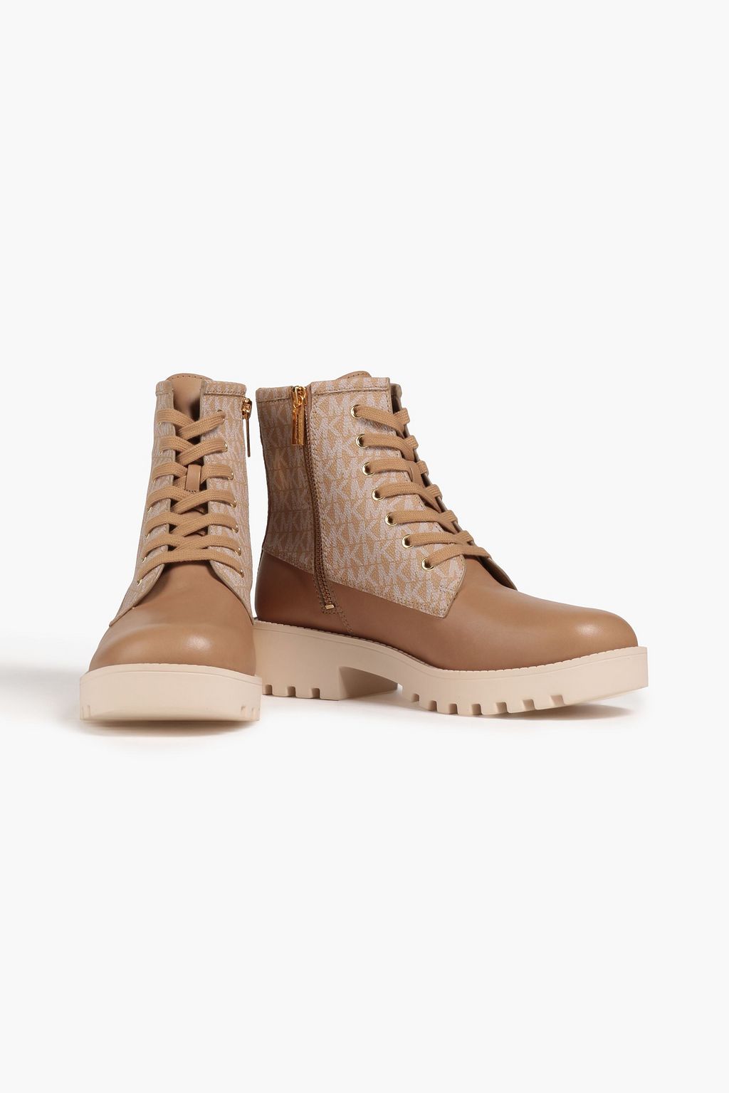 MICHAEL MICHAEL KORS Monogrammed canvas-paneled leather combat boots