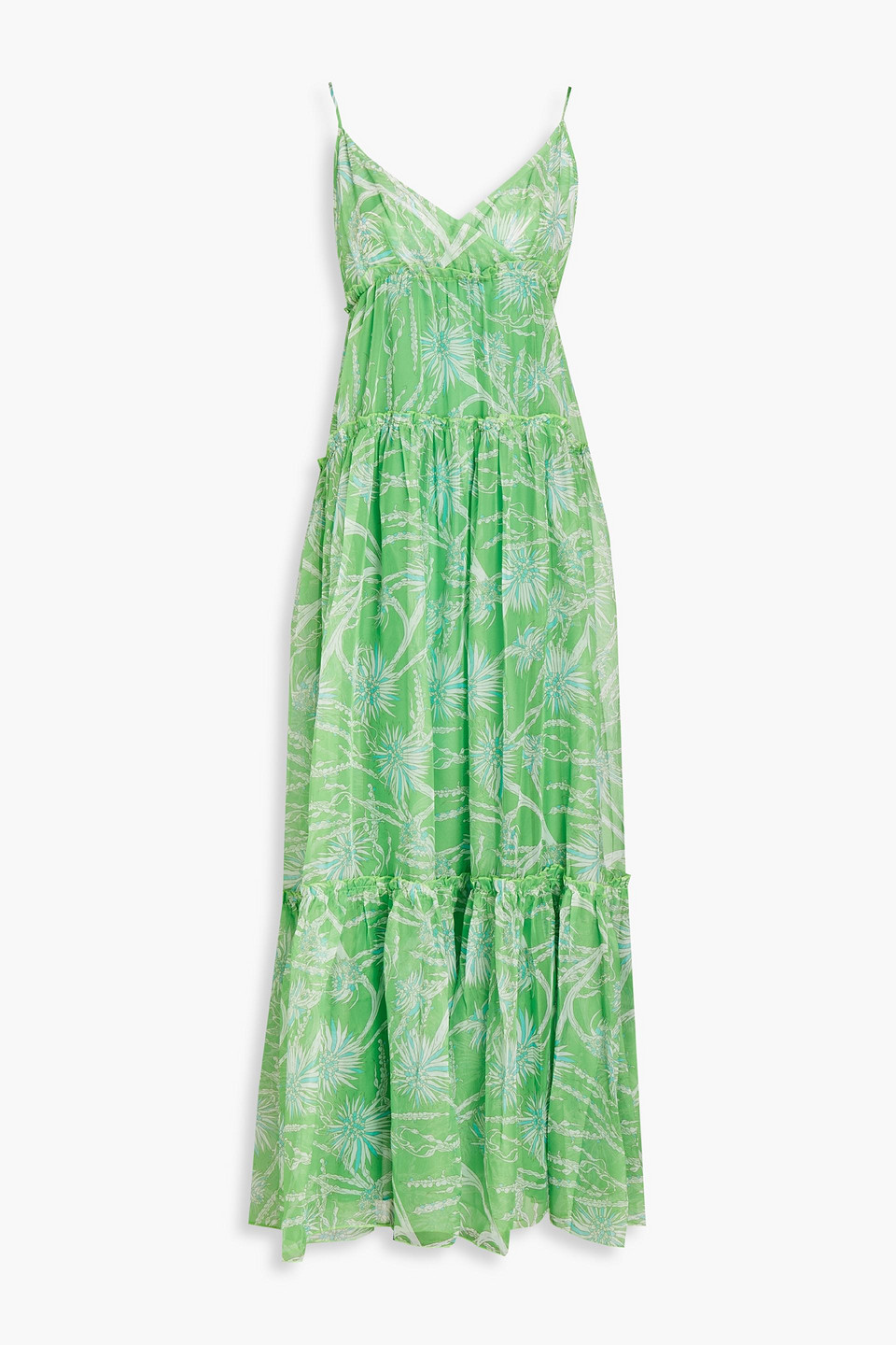 Eywasouls Malibu Ruched Floral-print Chiffon Maxi Dress In Green