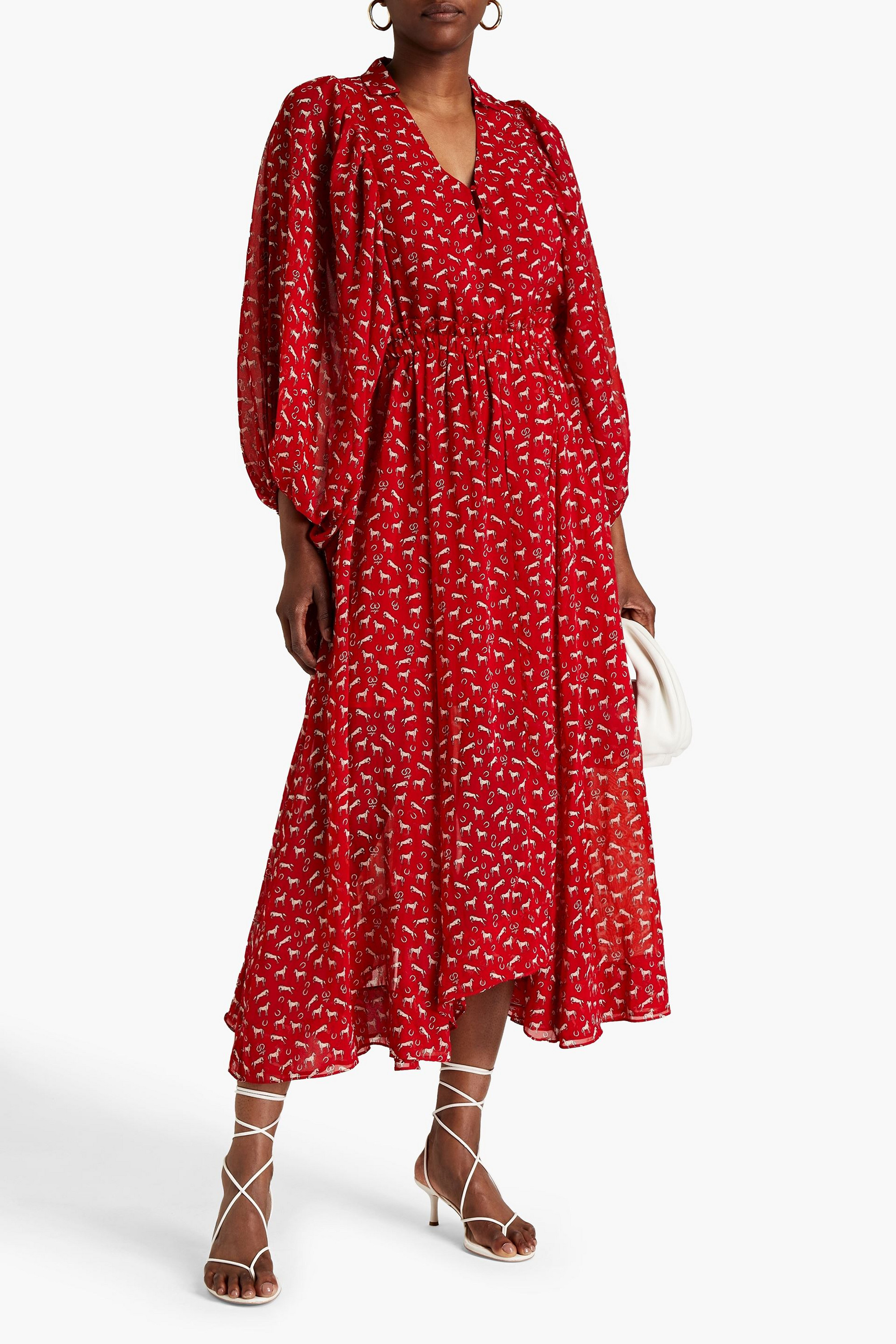 MAJE Gathered printed crepe maxi dress
