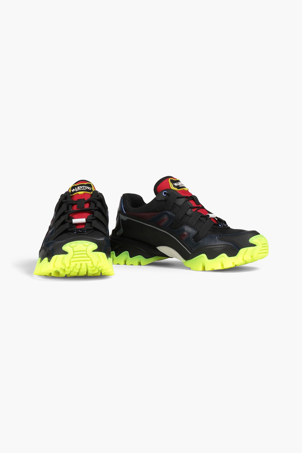 Valentino Garavani Man Neon Textured-leather And Mesh Trainers In Black