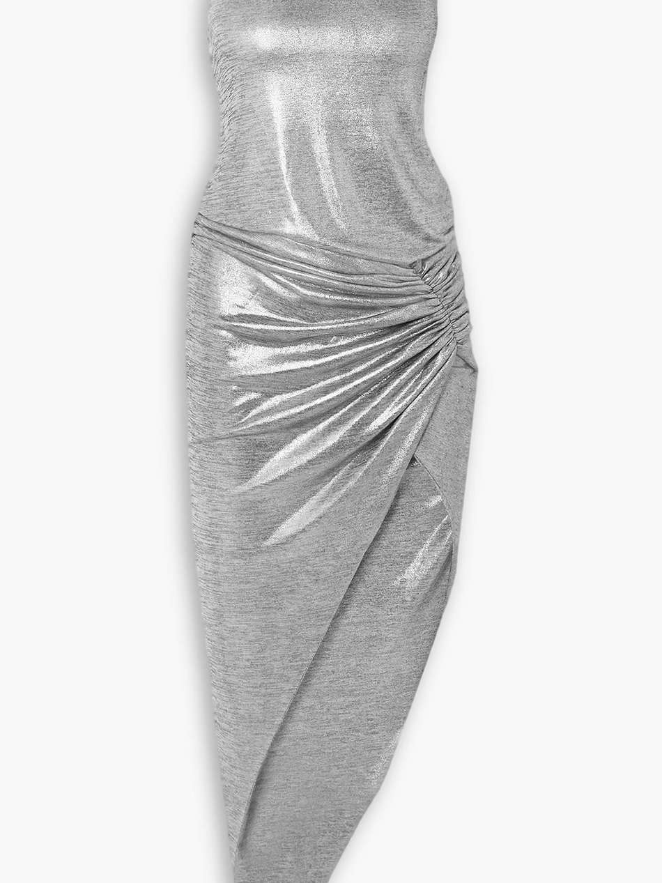asymmetric gathered metallic stretch-jersey midi dress
