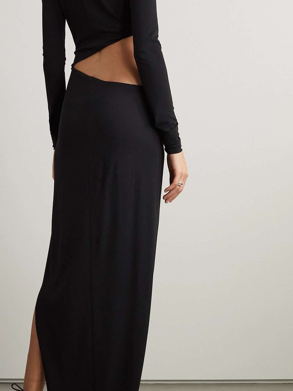 asymmetric embellished cutout stretch-crepe gown