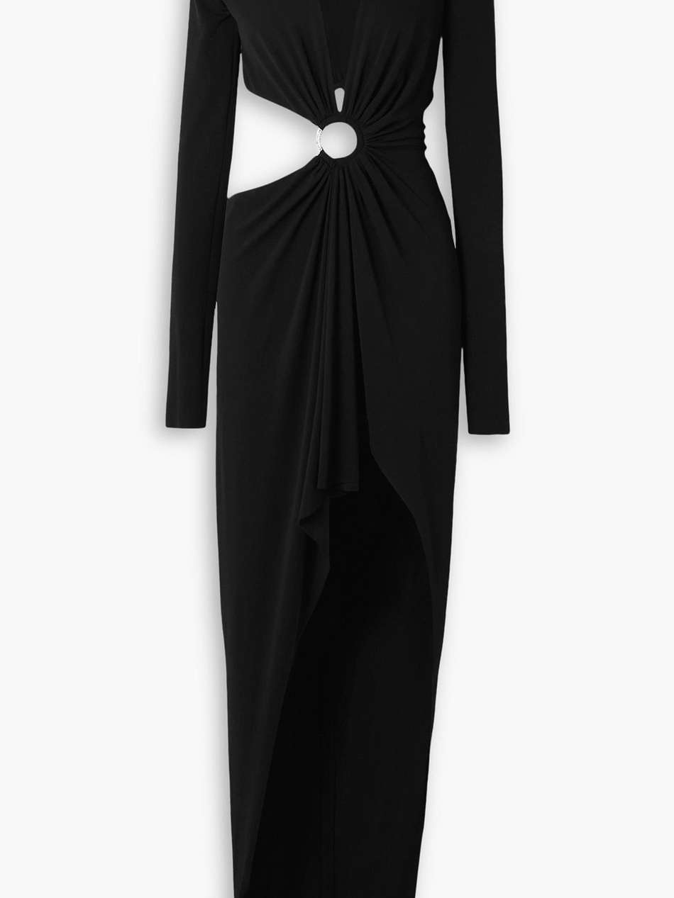 asymmetric embellished cutout stretch-crepe gown