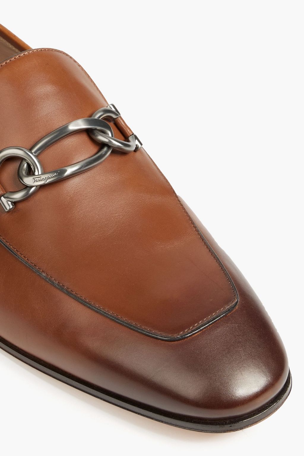 FERRAGAMO Boy chain-trimmed burnished leather loafers