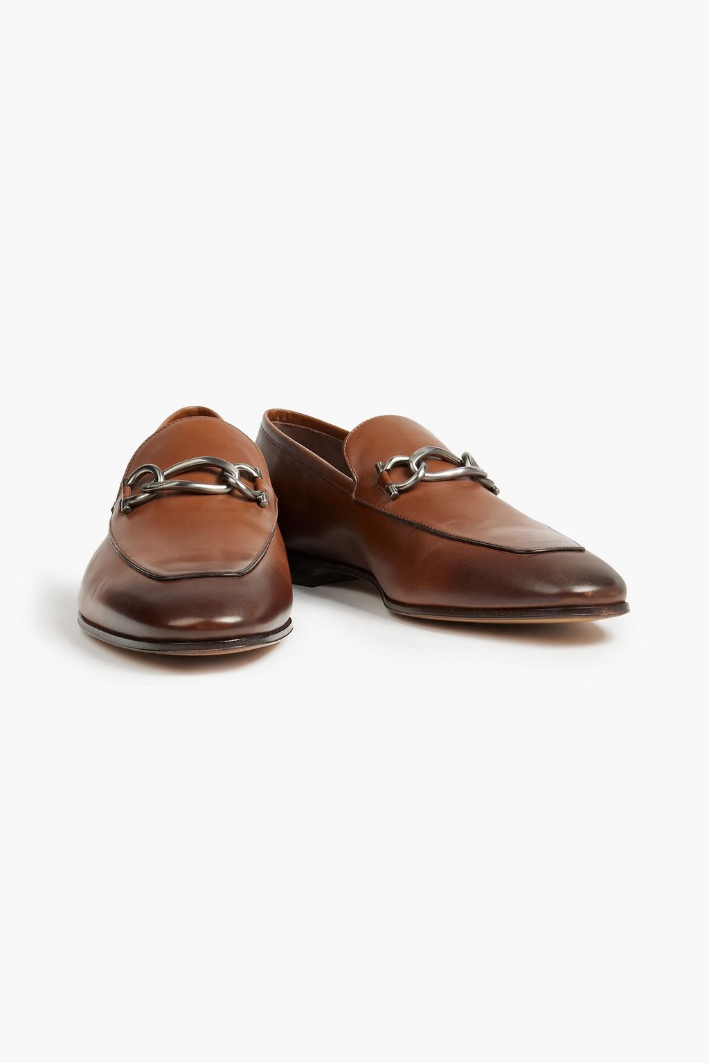 FERRAGAMO Boy chain-trimmed burnished leather loafers
