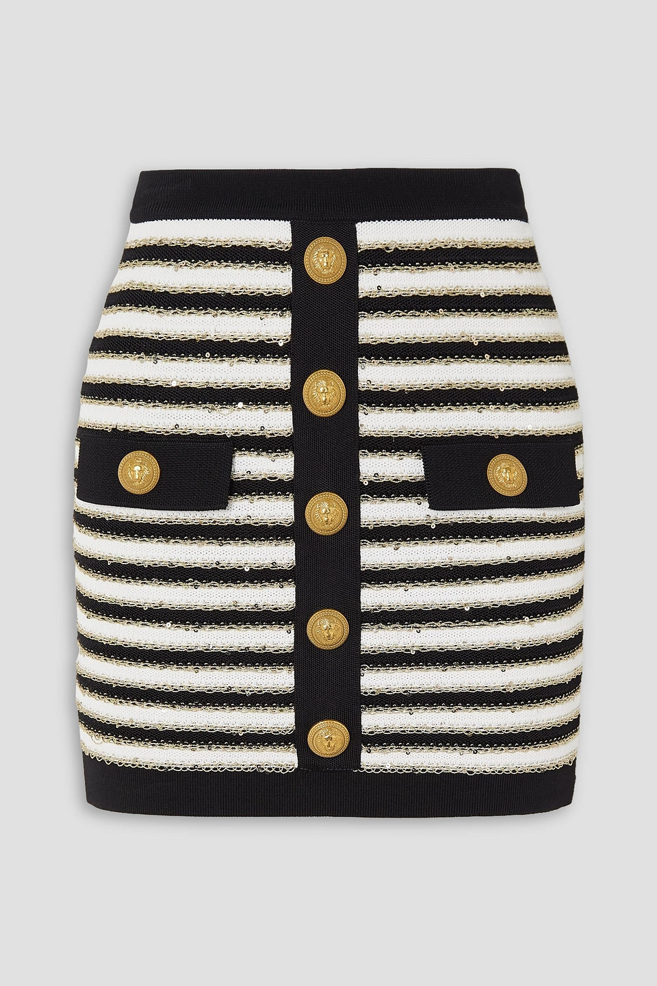 Balmain Button-embellished Metallic Striped Knitted Mini Skirt In Weiss