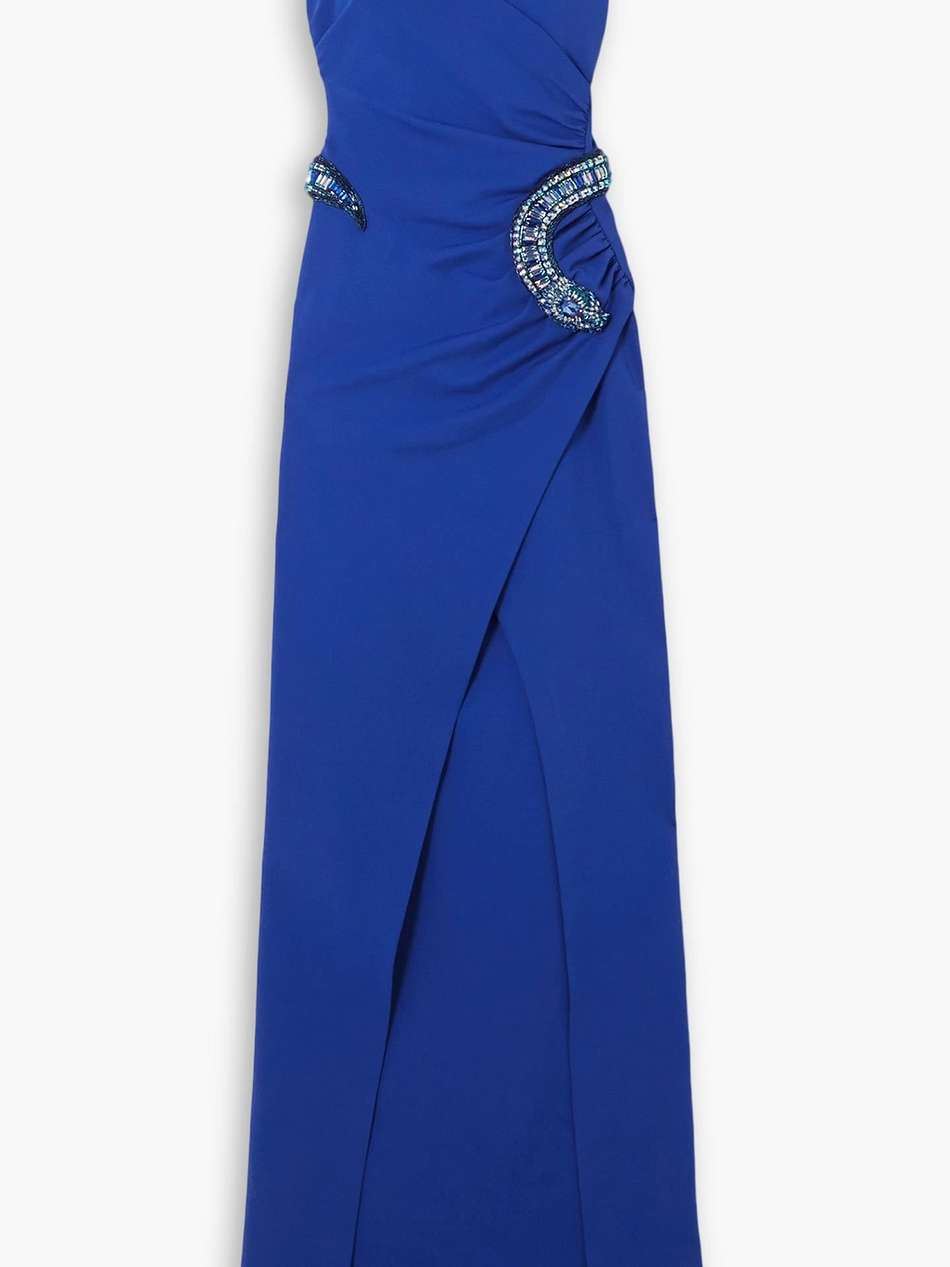 embellished gathered wrap-effect stretch-jersey maxi dress