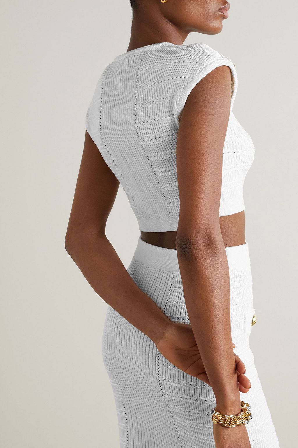 BALMAIN Cropped button-embellished ribbed-knit top