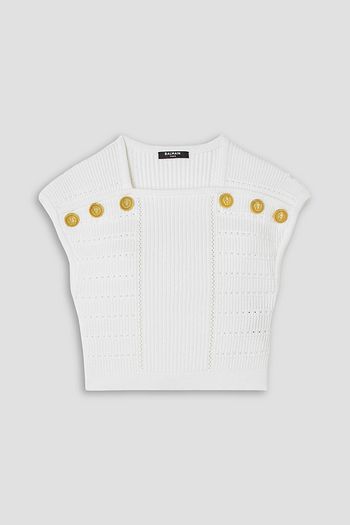BALMAIN Cropped button-embellished ribbed-knit top