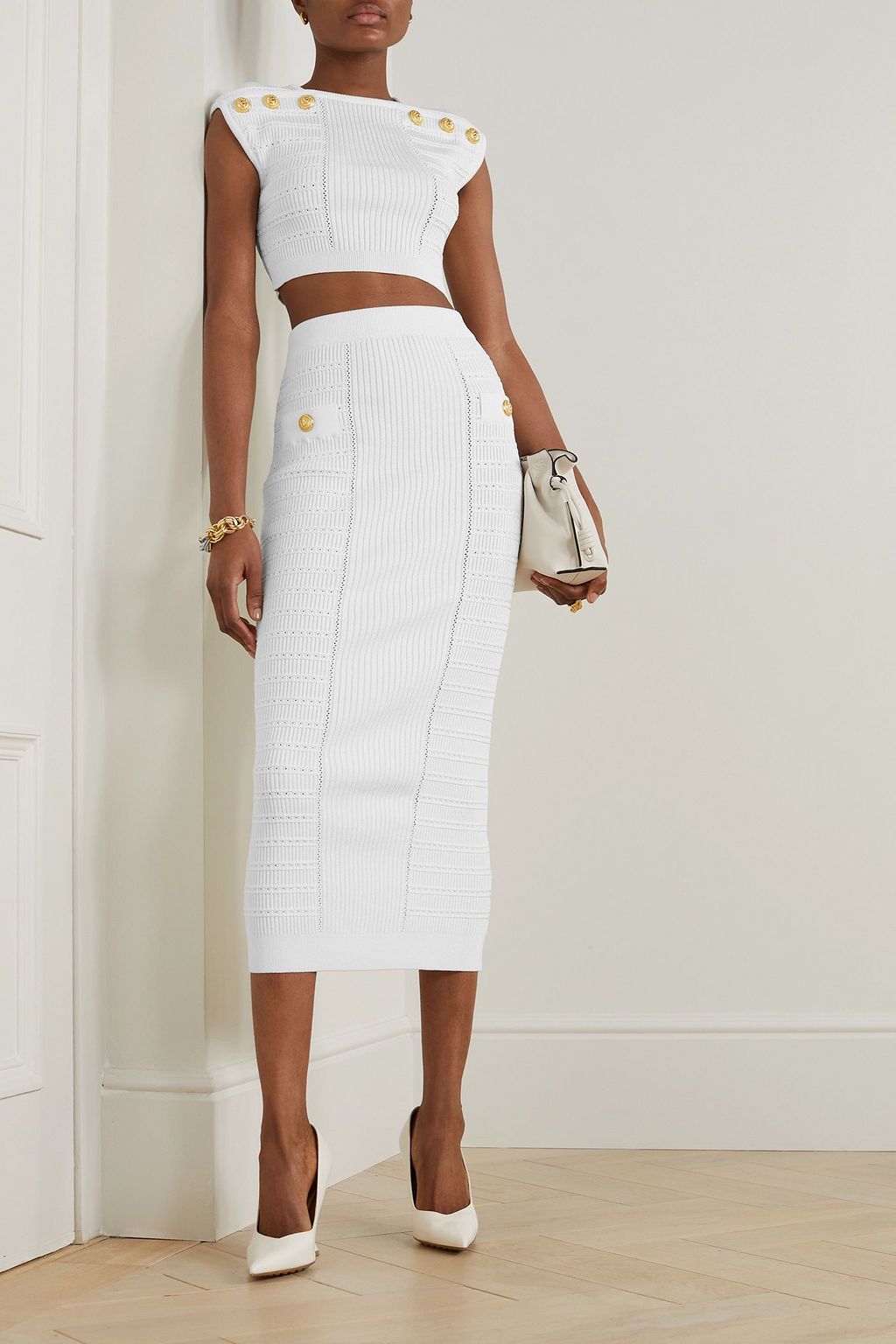 BALMAIN Cropped button-embellished ribbed-knit top