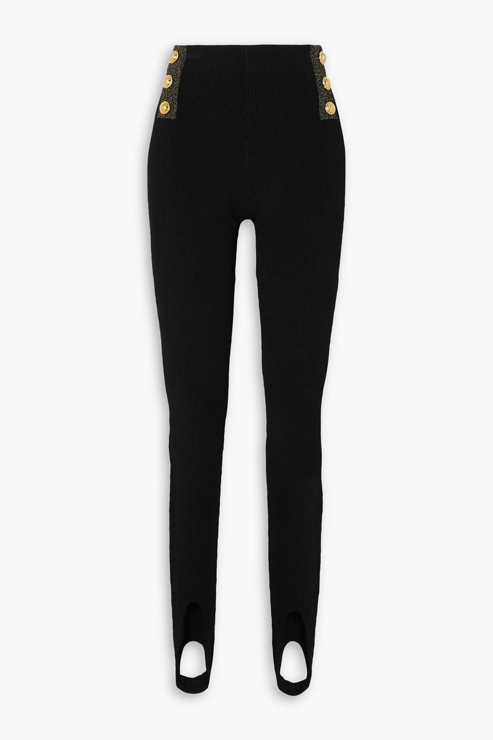 Balmain Button-embellished Metallic Ribbed-knit Stirrup Leggings In Schwarz