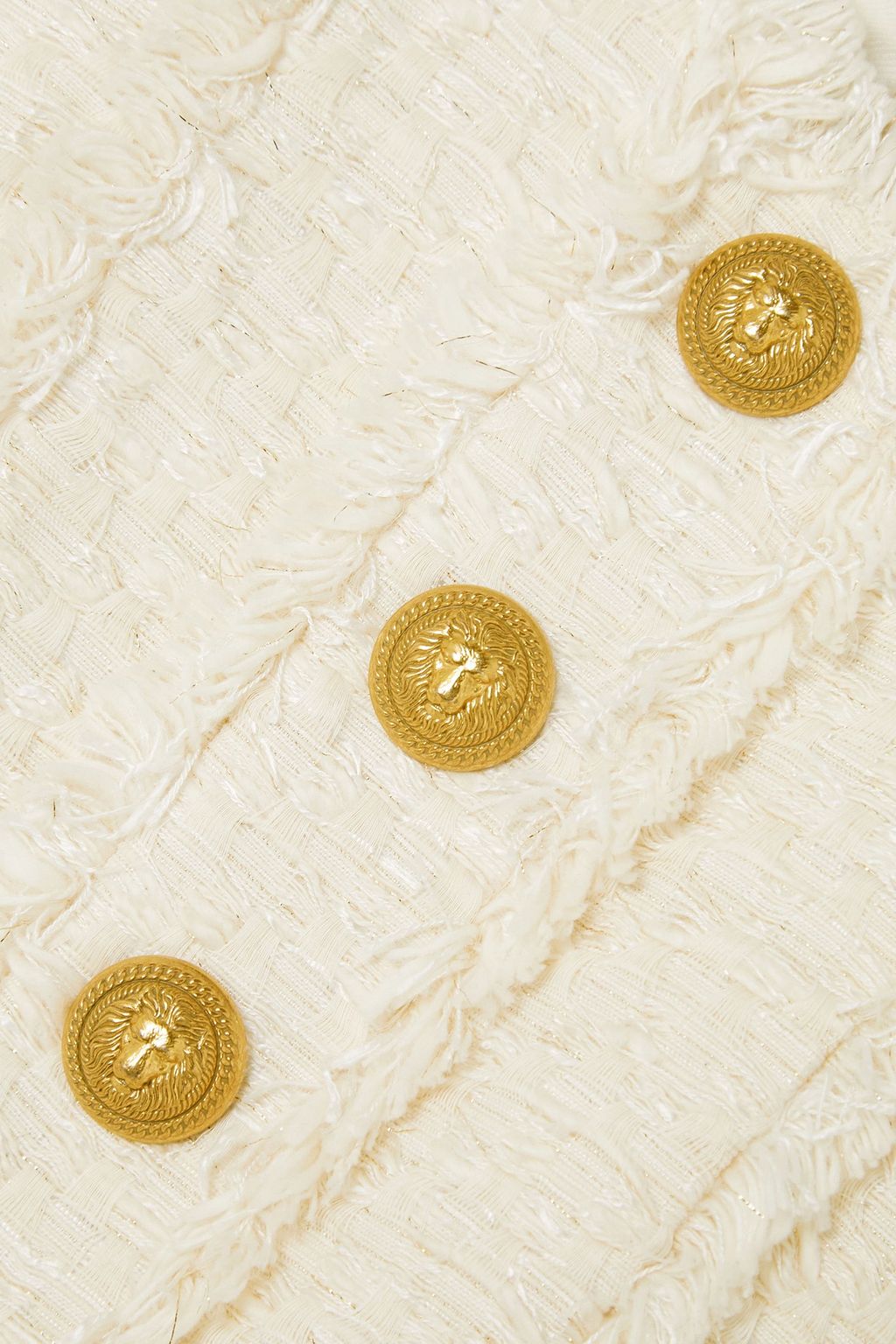BALMAIN Cropped button-embellished frayed cotton-blend tweed top