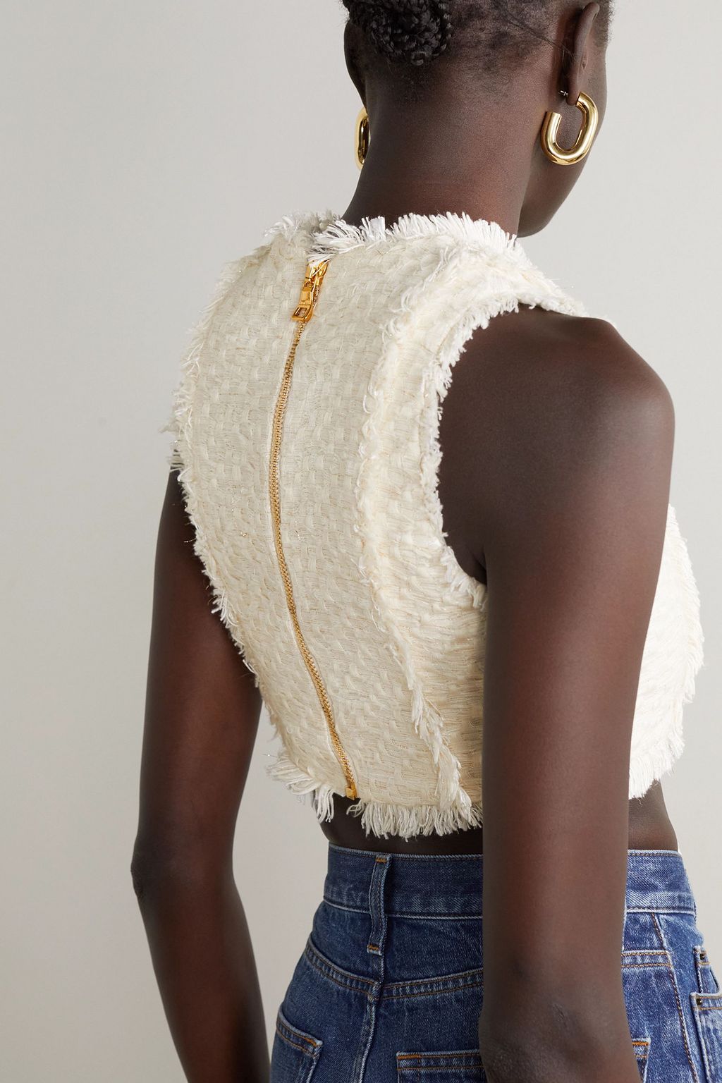 BALMAIN Cropped button-embellished frayed cotton-blend tweed top