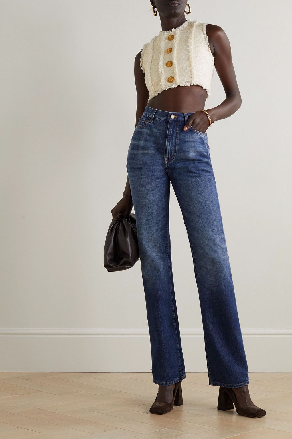 BALMAIN Cropped button-embellished frayed cotton-blend tweed top