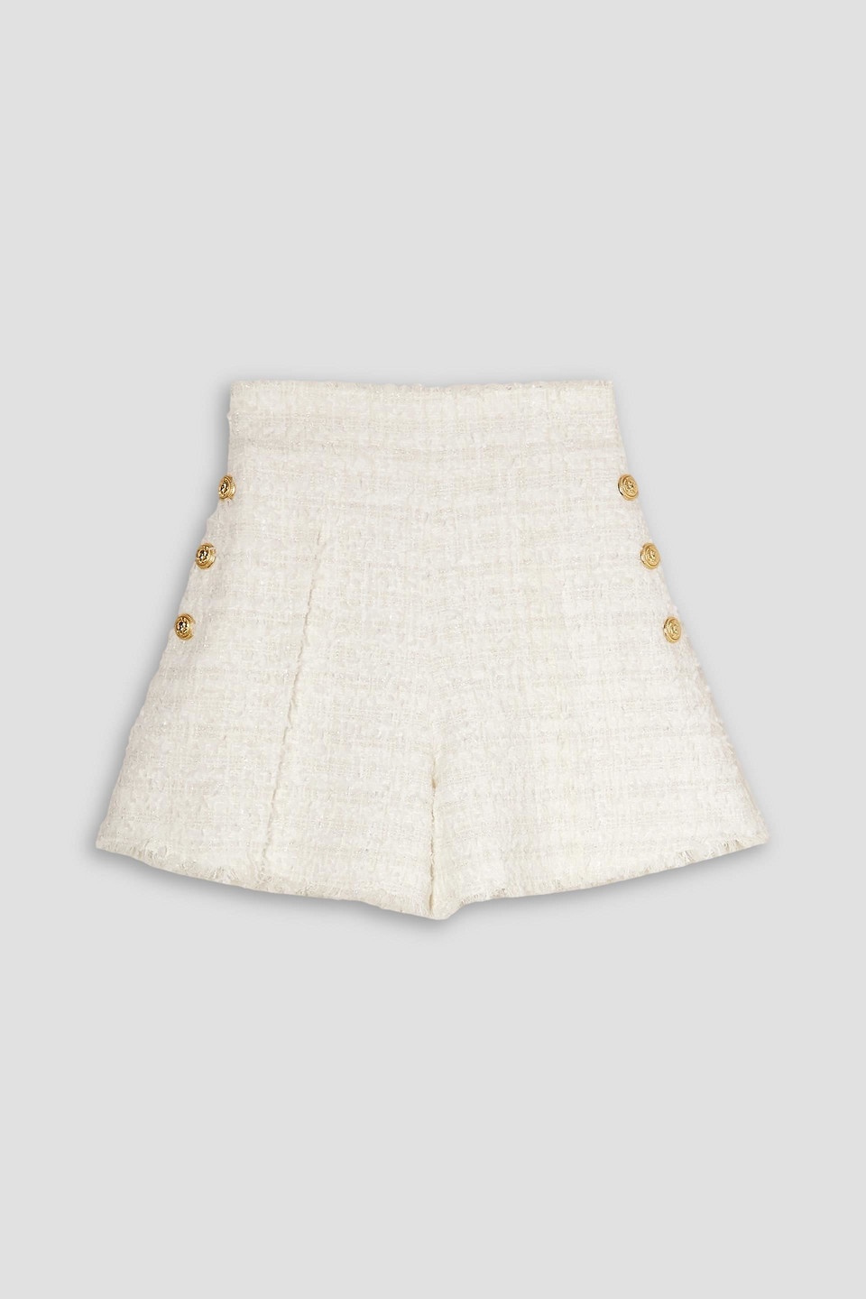 BALMAIN BUTTON-EMBELLISHED FRAYED TWEED SHORTS