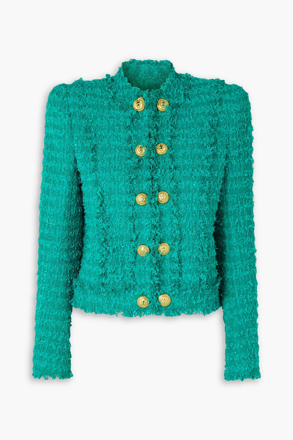 Balmain Fringed Cotton-blend Tweed Jacket In Jade