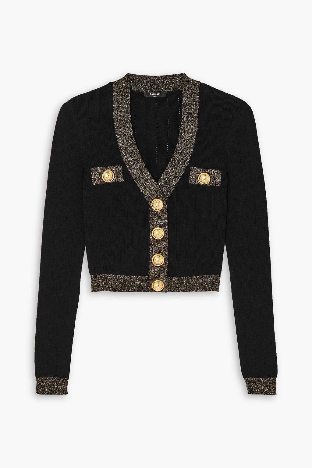 BALMAIN Metallic ribbed wool blend cardigan THE OUTNET