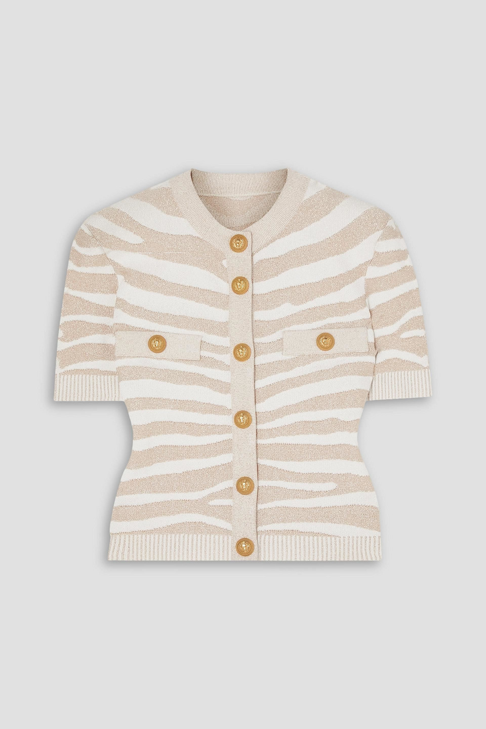 Balmain Button-embellished Metallic Ribbed-knit Cardigan In Animal-print