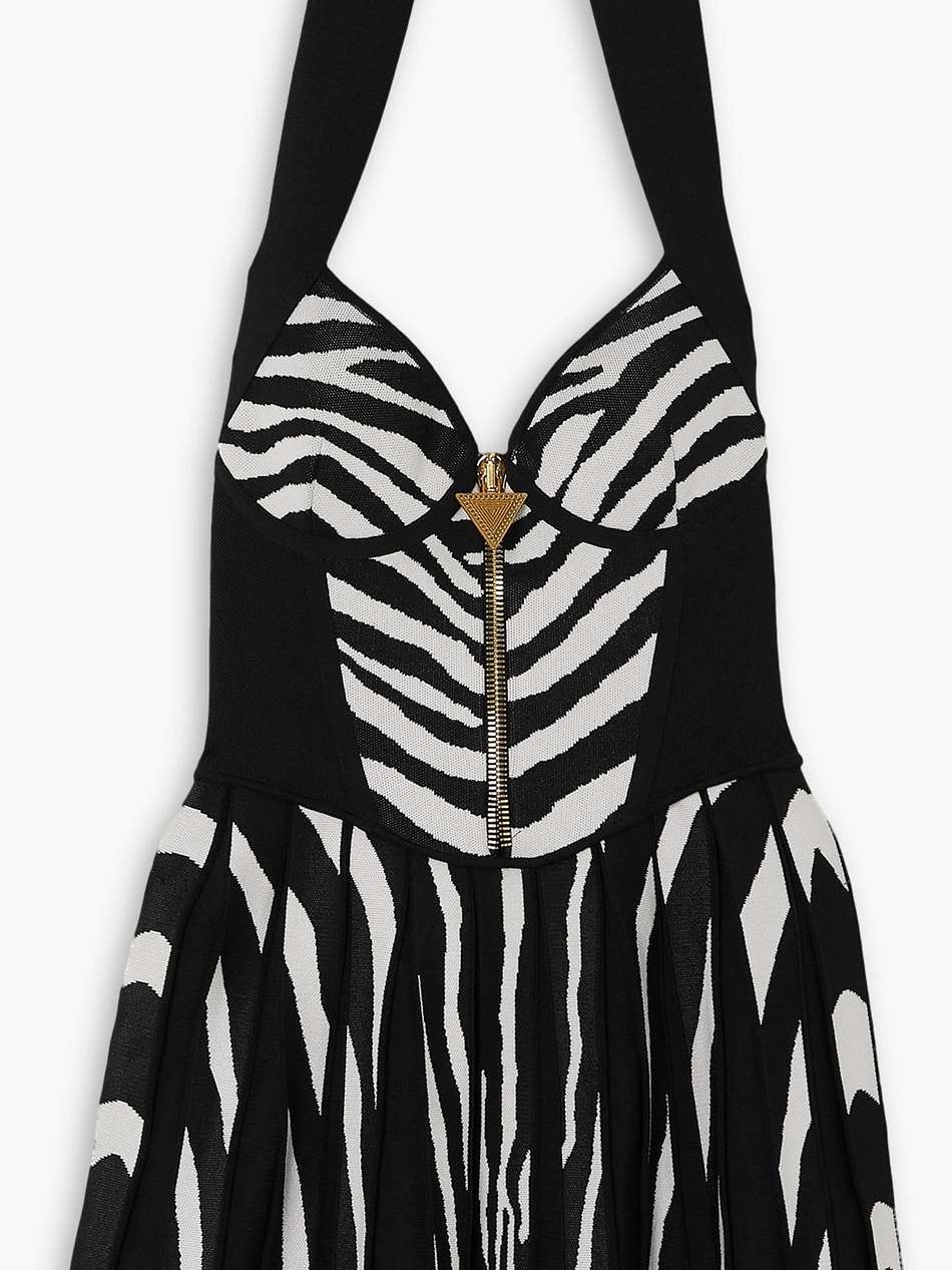zebra-jacquard zip-embellished ribbed-knit mini dress