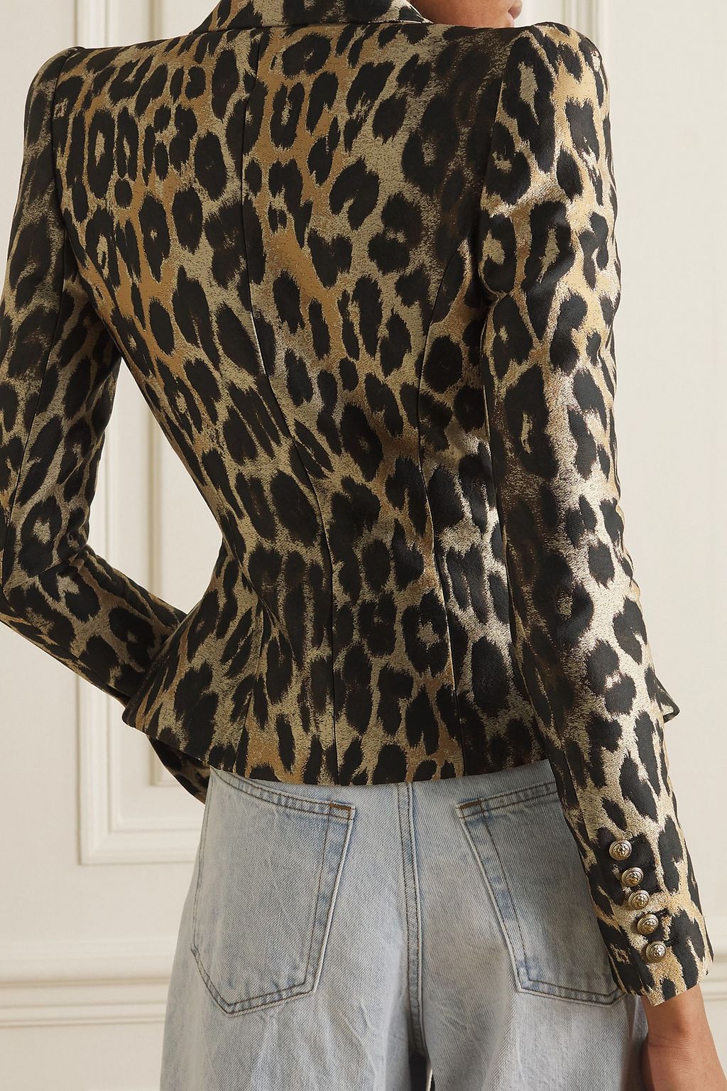 BALMAIN Double-breasted metallic leopard-jacquard blazer