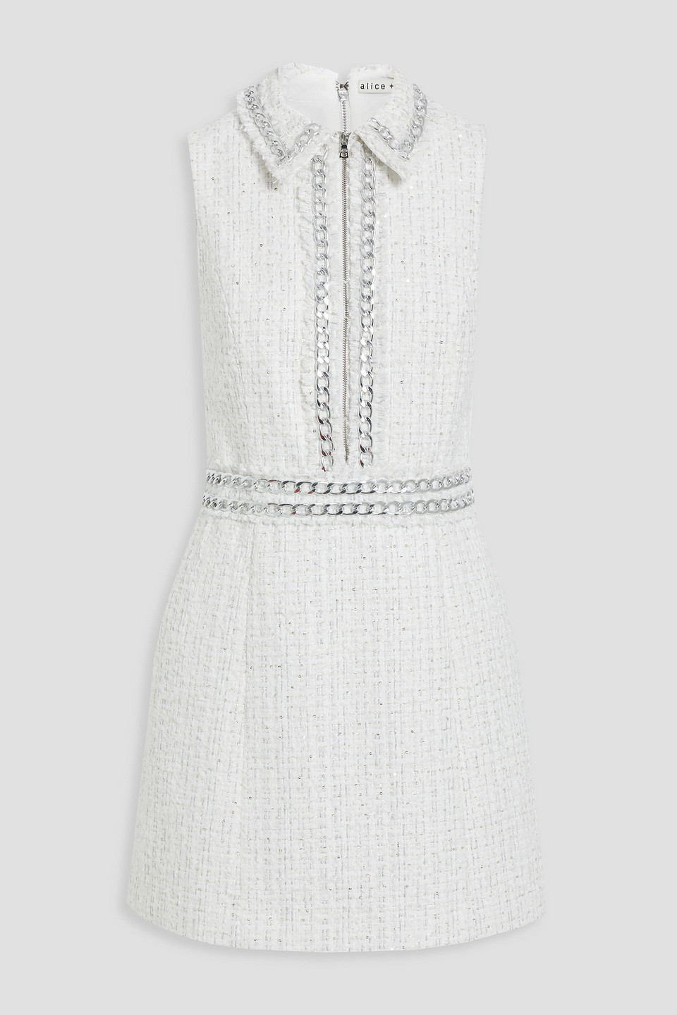 Ellis Chain-embellished Metallic Tweed Mini Dress In White