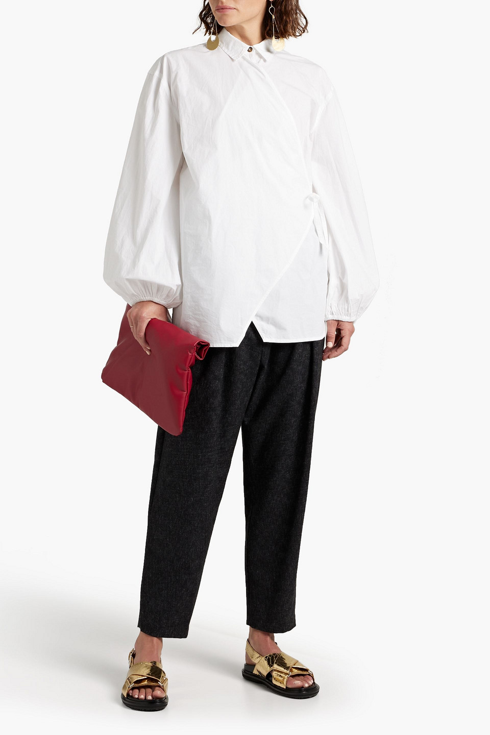 Ganni Cotton-poplin Wrap Blouse In Bright White