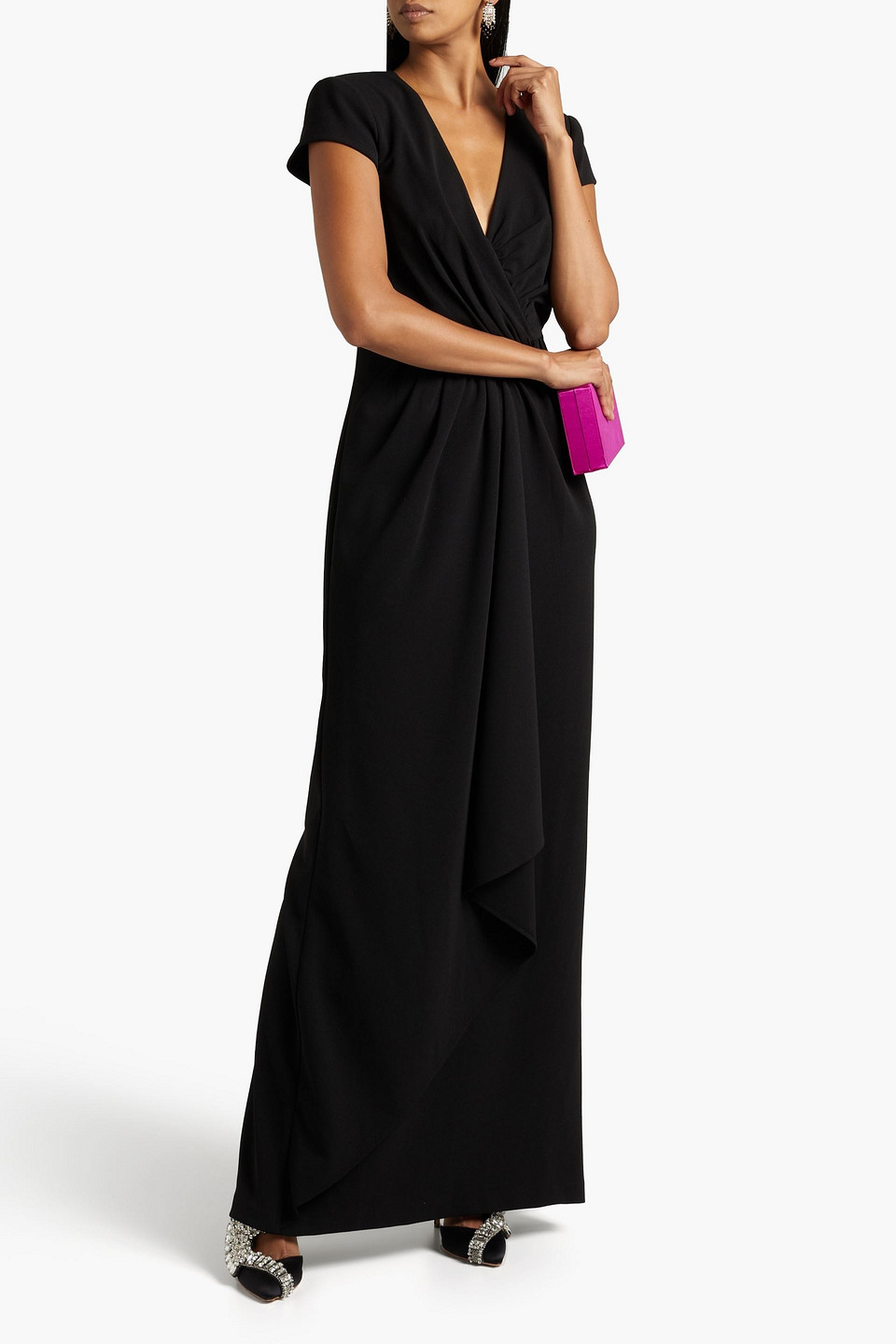 badgley mischka long black dress Badgley Mischka Sequined Column Gown with Organza Sleeves in Black