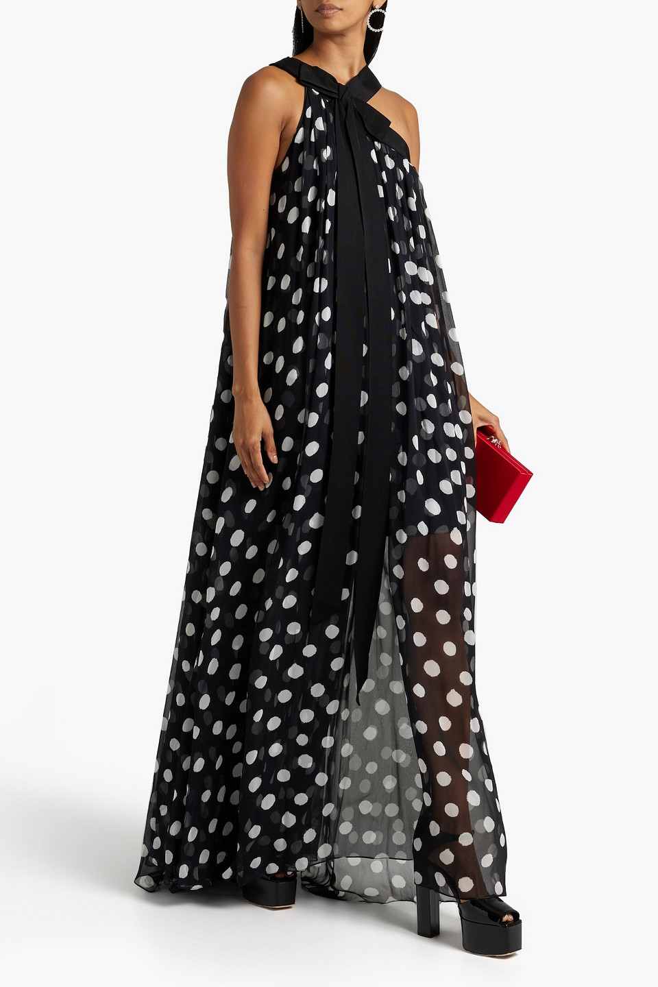 Carolina Herrera One-shoulder Bow-embellished Polka-dot Silk